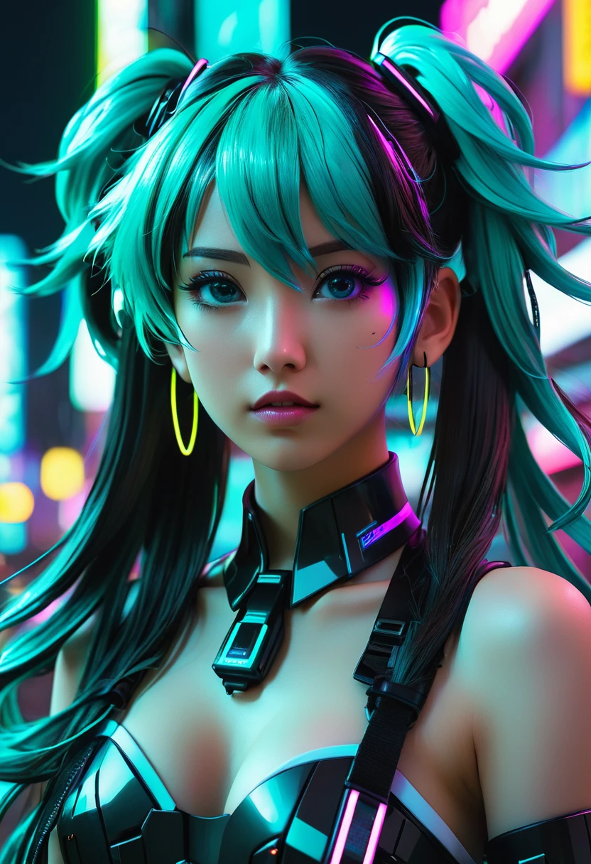 1girl, hatsune miku, black tape project, dutch angle, detailed hair, detailed facial features, detailed eyes, detailed lips, intricate hairstyle, long flowing hair, cyberpunk, neon lights, glowing neon, dark futuristic city, moody lighting, cinematic composition, dynamic camera angle, high contrast, vivid colors, (best quality,4k,8k,highres,masterpiece:1.2),ultra-detailed,(realistic,photorealistic,photo-realistic:1.37) , NSFW.