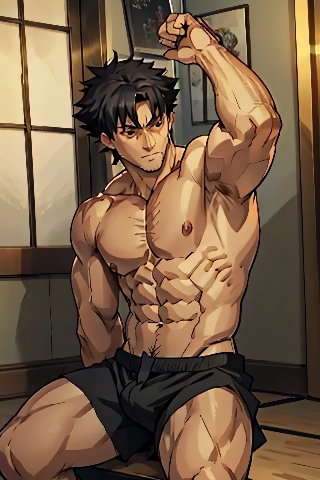 Kiritsugu is sitting and flexing his buff biceps and thighs. He wears black short boxershorts. You can see his thighs completely. He is shirtless. He is showing his abs too. He is admiring his arms. He has a huge bulge.