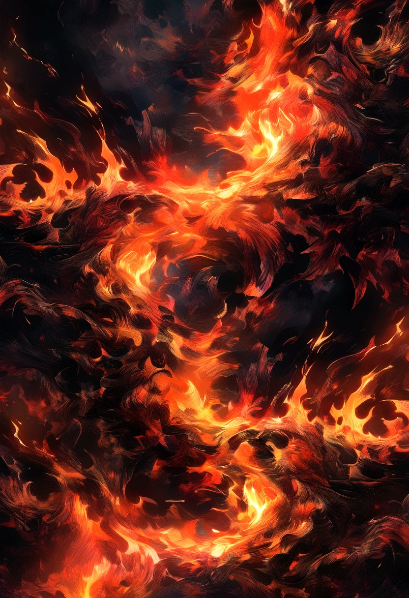 Close-up of flames on black background and black background, flame fractal, Highly detailed generative art, Flame texture, Complex overlay flame images, Hell Background, Abstract Painting. 8K, Fractal fire background, swirling flames in background, Smoke from paint, Fire, digital art 4k unsettling, There is smoke and fire, Houdini algorithmic generative art，fluid