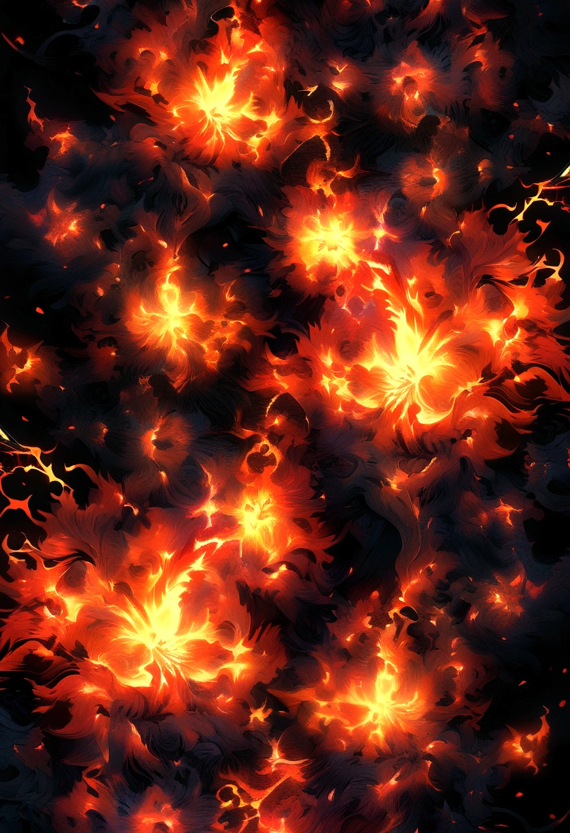 Close-up of flames on black background and black background, flame fractal, Highly detailed generative art, Flame texture, Complex overlay flame images, Hell Background, Abstract Painting. 8K, Fractal fire background, swirling flames in background, Smoke from paint, Fire, digital art 4k unsettling, There is smoke and fire, Houdini algorithmic generative art,fluid