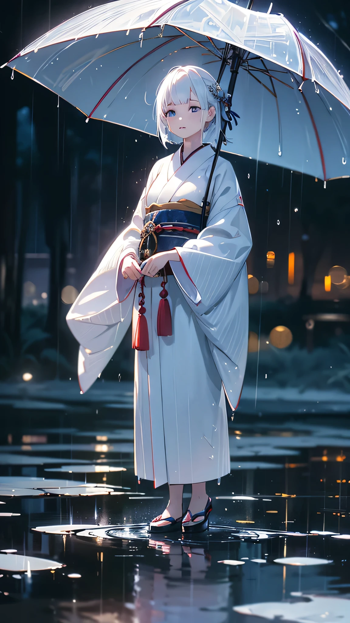 1girl, white hair, traditional japanese clothing, sad expression, rain, wet clothes, full body, puddles, reflections in puddles, moody, atmospheric, fantasy, (best quality,4k,8k,highres,masterpiece:1.2),ultra-detailed,(realistic,photorealistic,photo-realistic:1.37),HDR,UHD,studio lighting,ultra-fine painting,sharp focus,physically-based rendering,extreme detail description,professional,vivid colors,bokeh