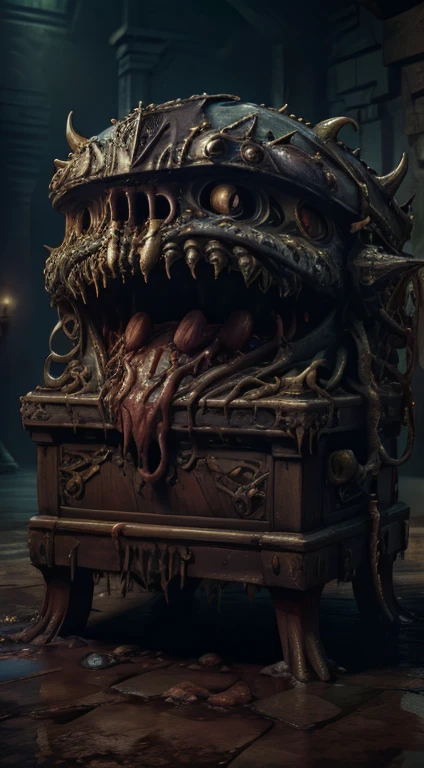 wet, dripping, monstrous mouth, (Masterpiece:1.3) (best quality:1.2) (high quality:1.1), a monster mimics as a treasure chests to capture humans. Mimicry. Mimic