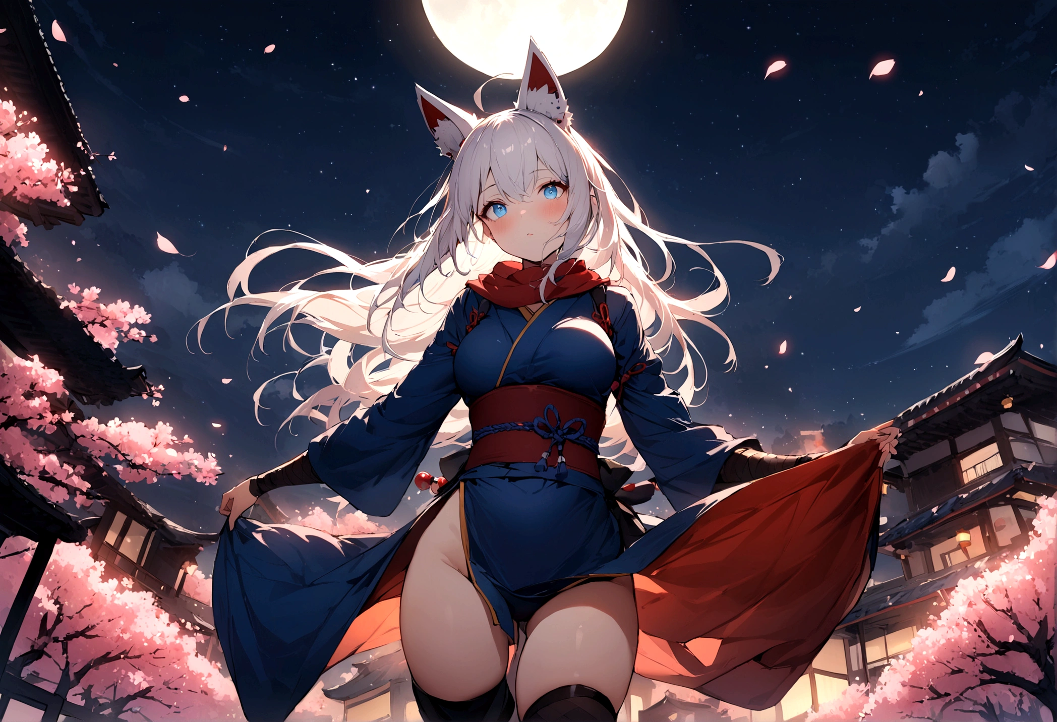 (masterpiece, best quality:1.2), 1girl, 独奏,Wolf girl, fox mask, ninja, girl, long white hair, odd eyes, blue kimono, ninja girl, red and blue scarf,Dancing Cherry Blossoms,Full moon backlighting, light coming in, fantastic atmosphere.night、Shadows of light and darkness、Eyes glowing in the dark、Black fox mask、Fisheye Lens、Expansive starry sky、long hair that spreads、Looking up from afar、Overlooking the city from atop a large cherry tree、