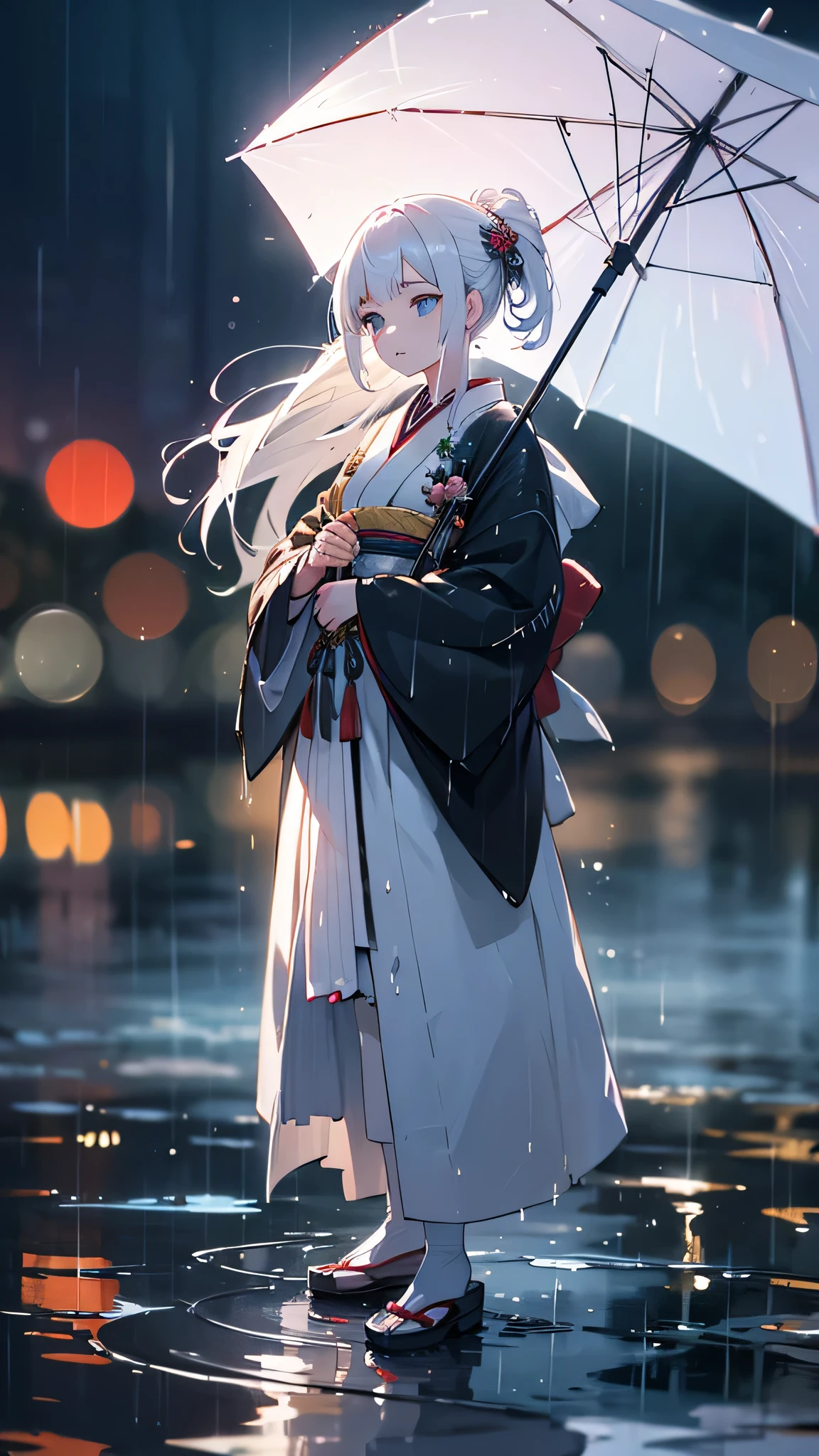 1girl, white hair, traditional japanese clothing, sad expression, rain, wet clothes, full body, puddles, reflections in puddles, moody, atmospheric, fantasy, (best quality,4k,8k,highres,masterpiece:1.2),ultra-detailed,(realistic,photorealistic,photo-realistic:1.37),HDR,UHD,studio lighting,ultra-fine painting,sharp focus,physically-based rendering,extreme detail description,professional,vivid colors,bokeh
