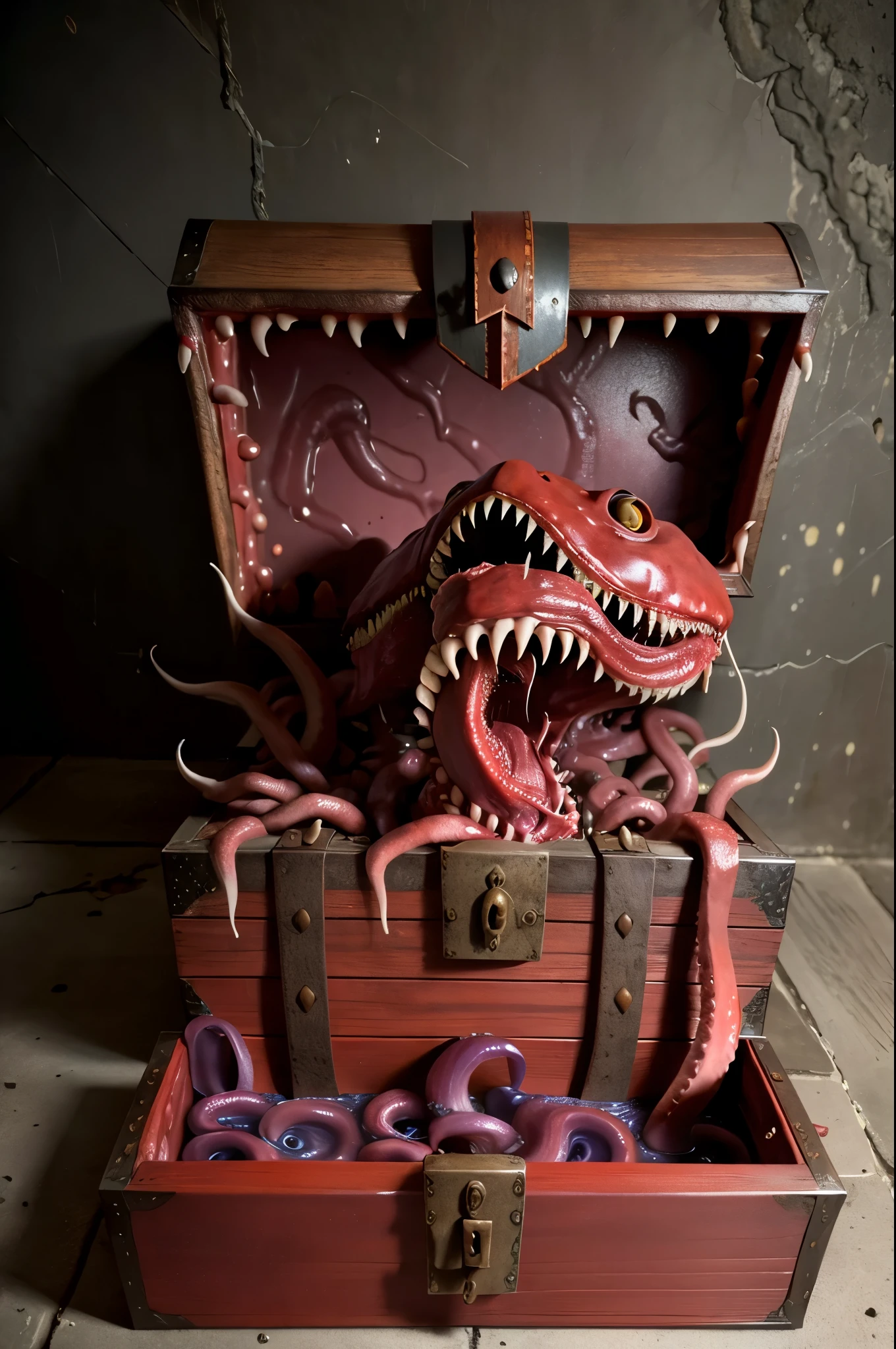 RAW photo, mimic, wooden chest, fleshy interior, long tongue, meat, saliva, TentacleHorrorAI, (sprawling tentacles), sharp teeth, dungeon background, 8k uhd, dslr, cinematic lighting, high quality, photo realistic,  