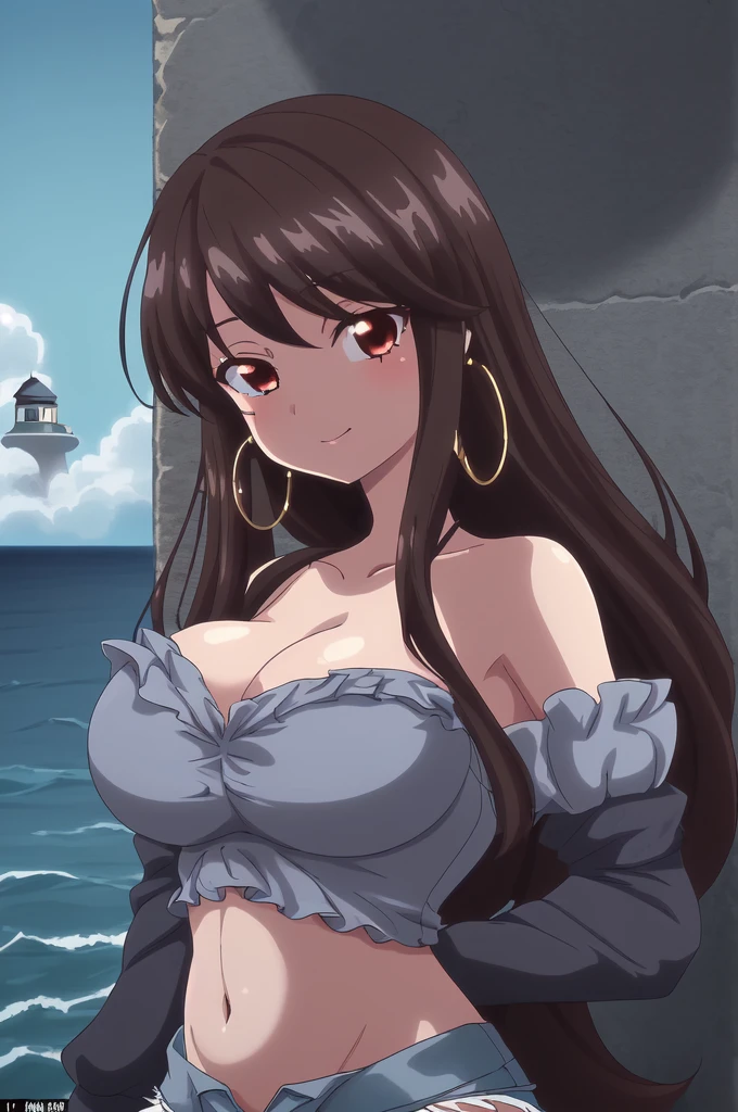 ((masterpiece)),(Highest quality),Official Art,Highly detailed CG,unity 8k wallpaper,Super detailed,Lighthouse on top of a cliff by the sea,One girl,alone,Upper Body,(Portraiture:1.2),,Long Hair,Denim shorts,Brown Hair,jewelry, shoulders,Hoop Earrings,belly button,Red eyes,Brown eyes,Black Midriff,,Black Hair,High heels,