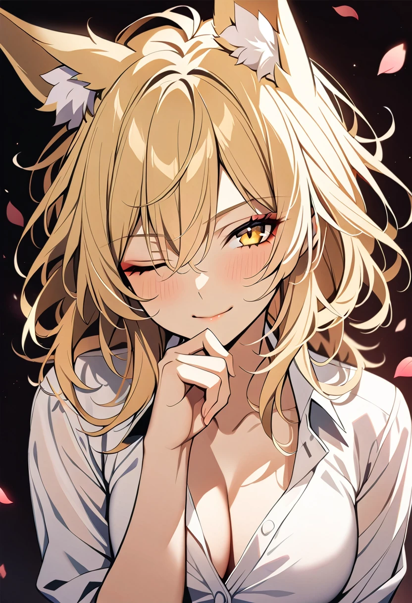 1woman, 30 years old,solo, medium hair,disheveled hair,messy hair,fox ears,blonde hair, yellow eyes, upper body, white shirt, breasts, looking at viewer, seductive smile, one eye closed, hand on own chin , petals, masterpiece, best quality