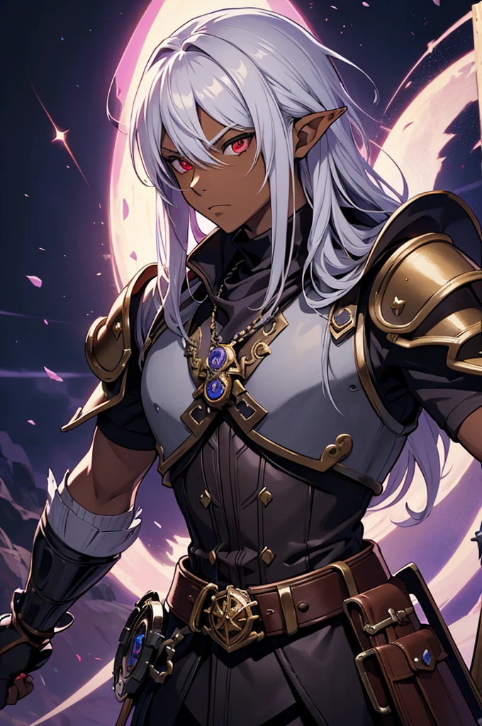 masterpiece, best quality, ultra high res, 1boy, (mix between dungeonpunk and steampunk armor), (wearing armor)fantasy illustration, dark skinned, human, upper body, portrait, red eyes, long white hair, Xemnas from Kingdom Hearts, half-drow, pointy ears, serious face, young man, dramatic lighting, purple hue, art by Kinema Citrus and Tetsuya Nomura