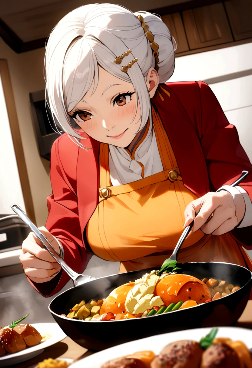 50 year old woman, white hair, bun with hairpin yellow, brown eyes, orange dress, red jacket, cook meal