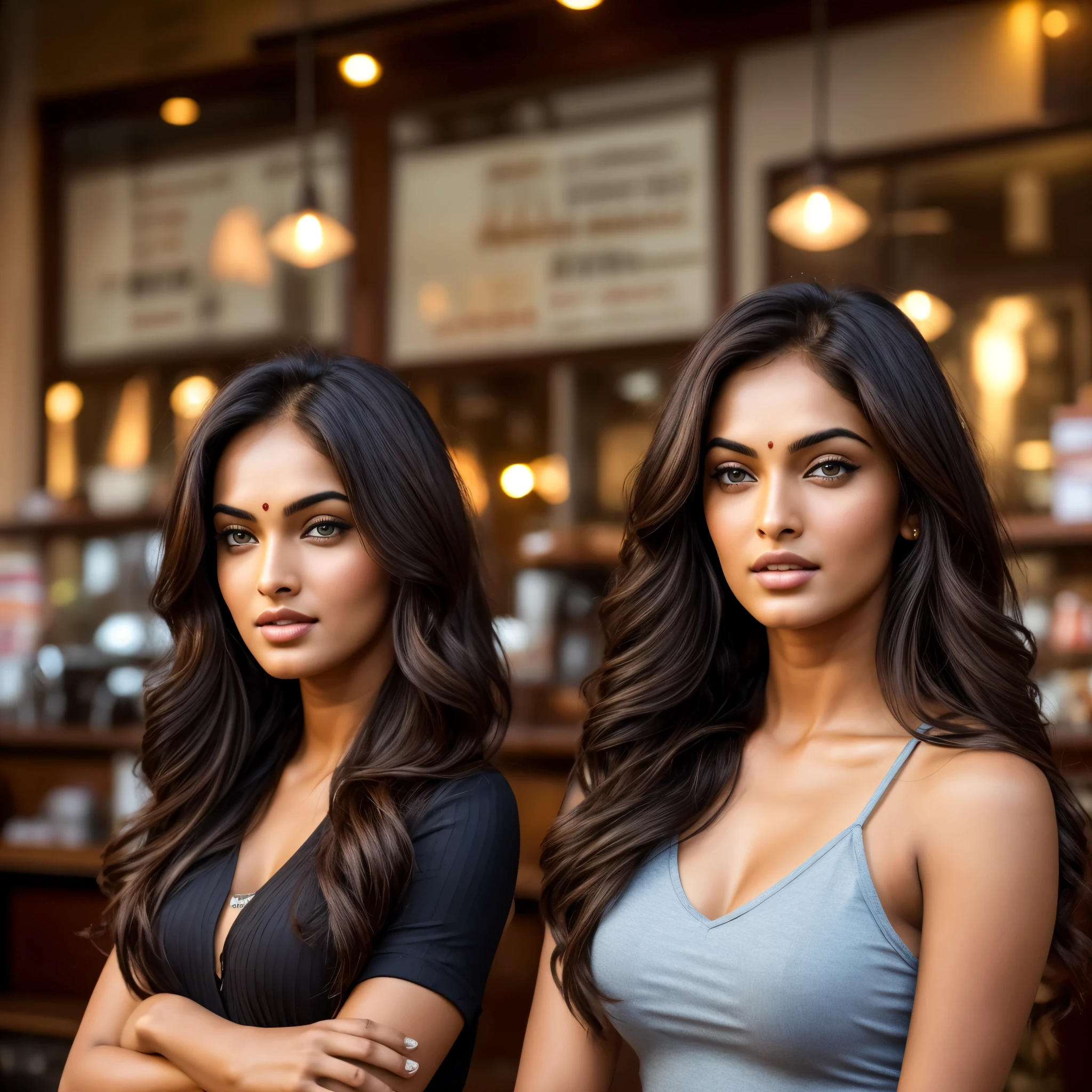 Front view portrait of fair beautiful indian woman who looks like Megan fox and Madhu bala, wavy dark brown hair, masterpiece, coffee shop, dusk hour, high quality 8k, ultra-realistic