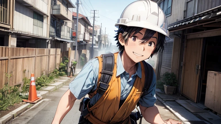 Smiling Japanese man wearing work clothes, helmet, working at a construction site. He looks happy, working. He is using heavy machinery. He is moving. He is using a full harness safety belt.