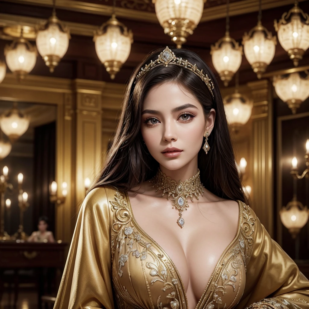 a wealthy lifestyle empire, a luxury empire, beautiful detailed eyes, beautiful detailed lips, extremely detailed eyes and face, long eyelashes, elegant woman, rich lifestyle, lavish mansion, golden decor, expensive jewelry, glowing lights, ornate patterns, intricate details, photorealistic, 8k, best quality, ultra-detailed, masterpiece, dramatic lighting, cinematic, mystique, sophisticated, elegant, opulent, lavish, high-end, prestigious, refined, grandiose, imperial, luxurious, sumptuous, magnificent, splendid, majestic, regal, affluent, prosperous, wealthy, millionaire, aristocratic, distinguished, elite, exclusive, glamorous, ornate, exquisite, ornamental, decorative, extravagant, resplendent, radiant, lustrous, shimmering, gleaming, glistening