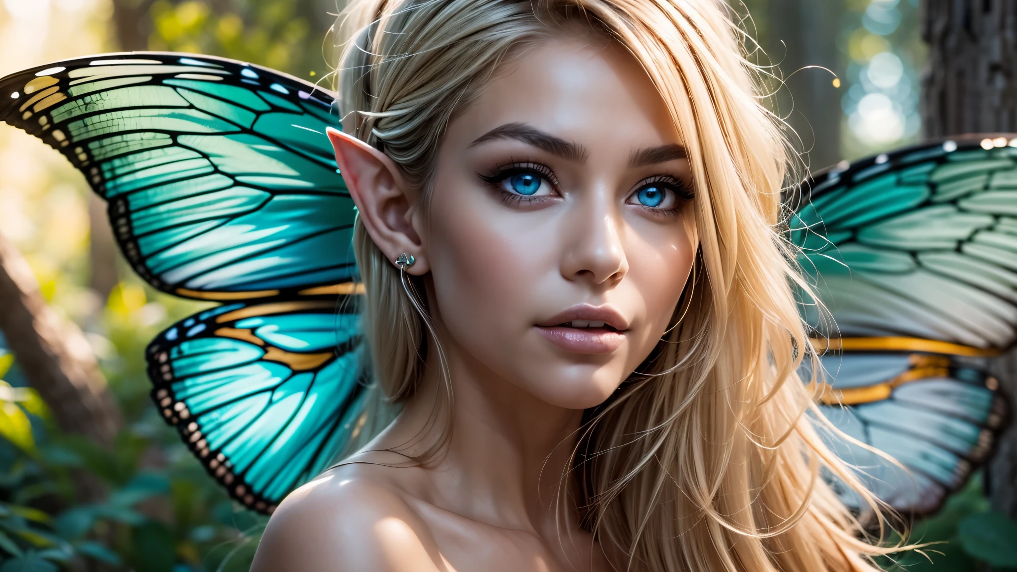 Beautiful, Amazing face and eyes, makeup, (extremely detailed beautiful face), Blonde, (sexiest look), (Beautiful breasts:1.3), (Best Quality:1.4), (Ultra-detailed), (extremely detailed CG unified 8k wallpaper), Highly detailed, RAW Photos, Professional Photography, (silk see through lace:1.3), full body, sitting, (Spread your legs), (:1.4), plein air, Illumination, (Super fancy photos:1.4), (Dazzling light), Radiant Photography, depth of fields, (Glowing blue eyes), (realistic elf ear), (castle, fantasy setting), ((orbs)), massive butterfly wings, flowing butterfly wings, 