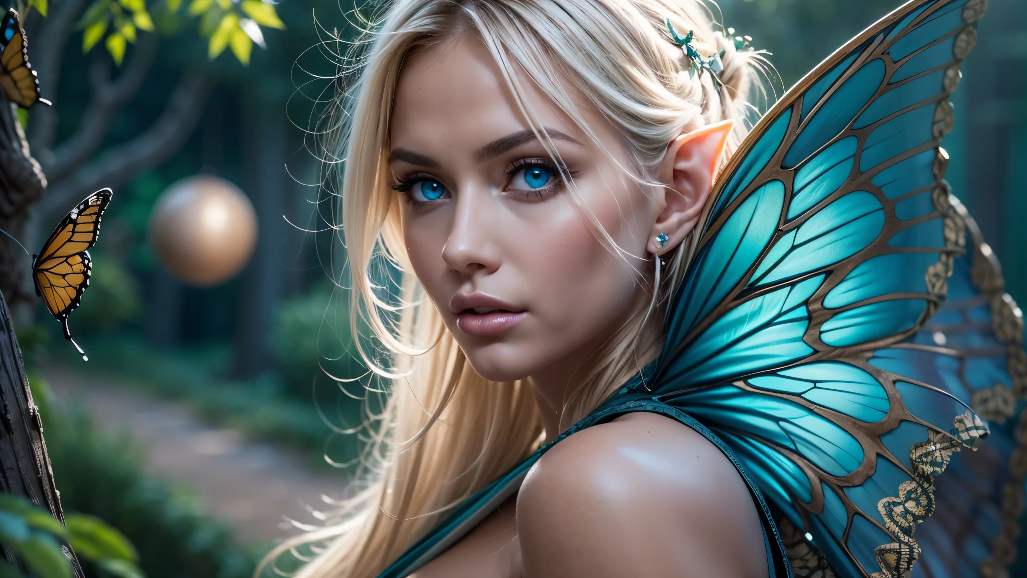 Beautiful, Amazing face and eyes, makeup, (extremely detailed beautiful face), Blonde, (sexiest look), (Beautiful breasts:1.3), (Best Quality:1.4), (Ultra-detailed), (extremely detailed CG unified 8k wallpaper), Highly detailed, RAW Photos, Professional Photography, (silk see through lace:1.3), full body, sitting, (Spread your legs), (:1.4), plein air, Illumination, (Super fancy photos:1.4), (Dazzling light), Radiant Photography, depth of fields, (Glowing blue eyes), (realistic elf ear), (castle, fantasy setting), ((orbs)), massive butterfly wings, flowing butterfly wings, 