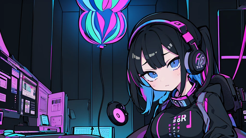 Best quality, (masterpiece:1.2), best detail face, 1 girl, big breasts, 18 yo, 8k,absurdres,unity 8k wall paper,(extremely detailed:1.3), highest realistic, (simple headphones:1.1), (soft neon light:1.1), (floating hair:1.2), (psychedelic:1.2), Her room full of music equipment and plants, Leaning back on the chair with a casual attitude, Light clothing in summer, dark grey color palette, black hair
