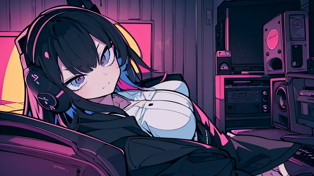 Best quality, (masterpiece:1.2), best detail face, 1 girl, , 18 yo, 8k,absurdres,unity 8k wall paper,(extremely detailed:1.3), highest realistic, (simple headphones:1.1), (soft neon light:1.1), (floating hair:1.2), (psychedelic:1.2), Her room full of music equipment and plants, Leaning back on the chair with a casual attitude, Light clothing in summer, dark grey color palette, black hair
