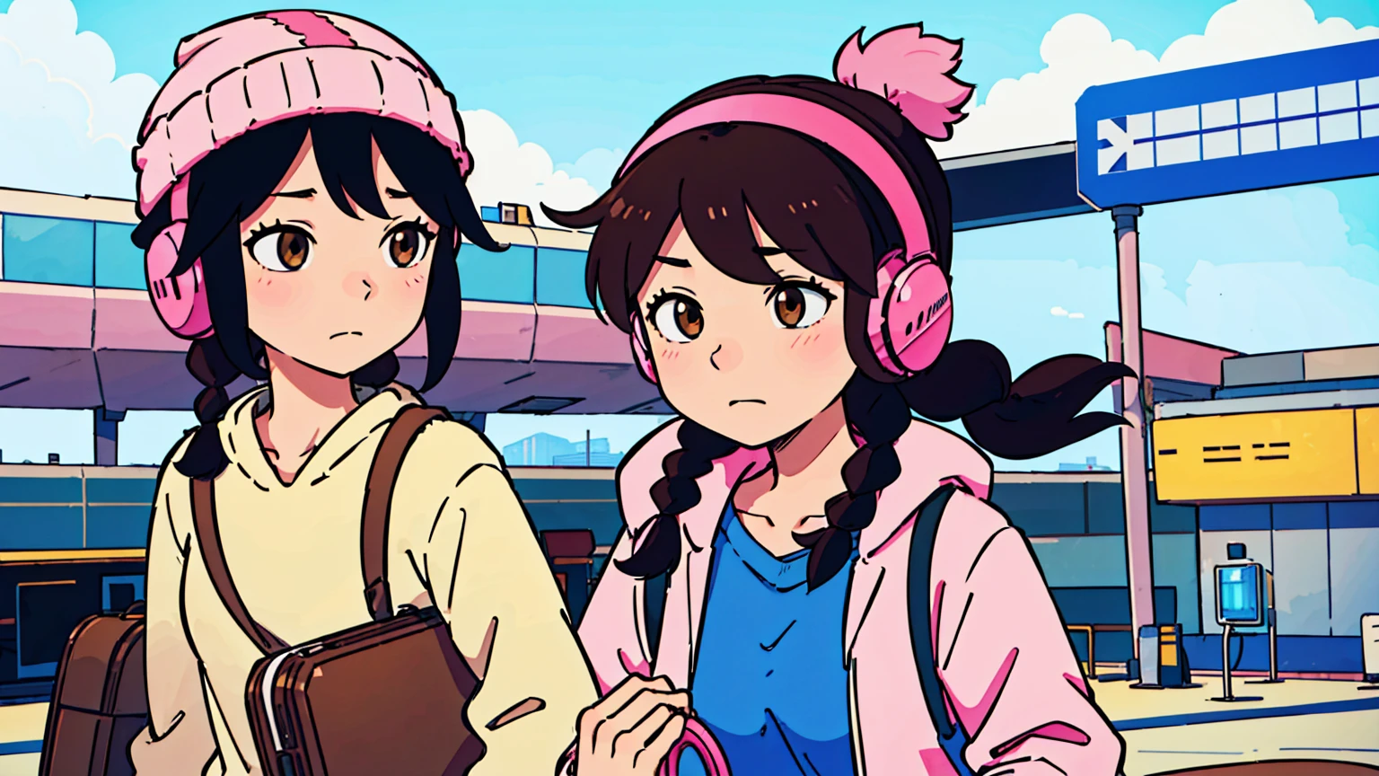 (top-quality:0.8), (top-quality:0.8), perfect anime illustration, airport, Pink carry case, carry case, Braids, brown hair, knit hat, (headphones)