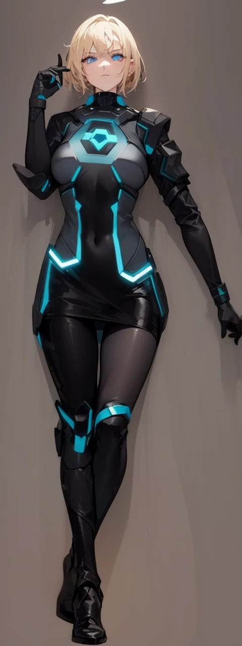A young woman with short blonde hair and light blue eyes, dressed in a tight black futuristic suit. The suit has luminous details in neon blue, que recorren desde el long neck hasta las piernas, forming lines and patterns. In the center of the chest, there is a luminous circular design, as a device or energy source.

The suit has long sleeves and has black gloves. La joven también lleva black high boots with luminous details en azul. One of his legs has a bright blue band just above the knee. 

The young woman&#39;s expression is serious and determined., con la Head slightly tilted hacia un lado. La imagen tiene una estética de Science fiction y high technology.

### Additional details for the generator:
- **Hair**: short blonde.
- **Eyes**: light blues.
- **It lasts**: Tight black with neon blue luminous details, long neck, long sleeves.
- **accessories**: black gloves, black high boots with luminous details, bright blue band on one leg.
- **expression**: serious and determined, Head slightly tilted.
- **Style**: futurist, Science fiction, high technology.
