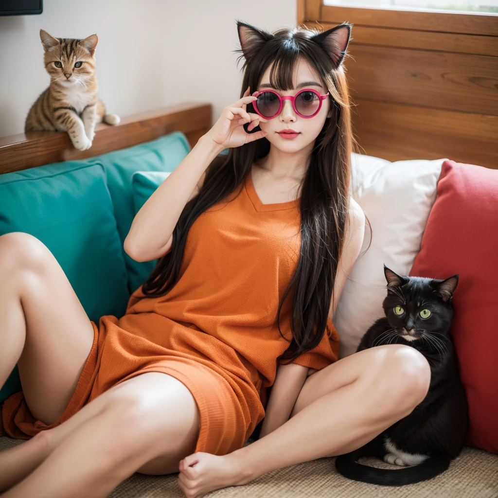 cat wearing round colored glasses, cute cat, funny pose, colorfull, only cat (no human)