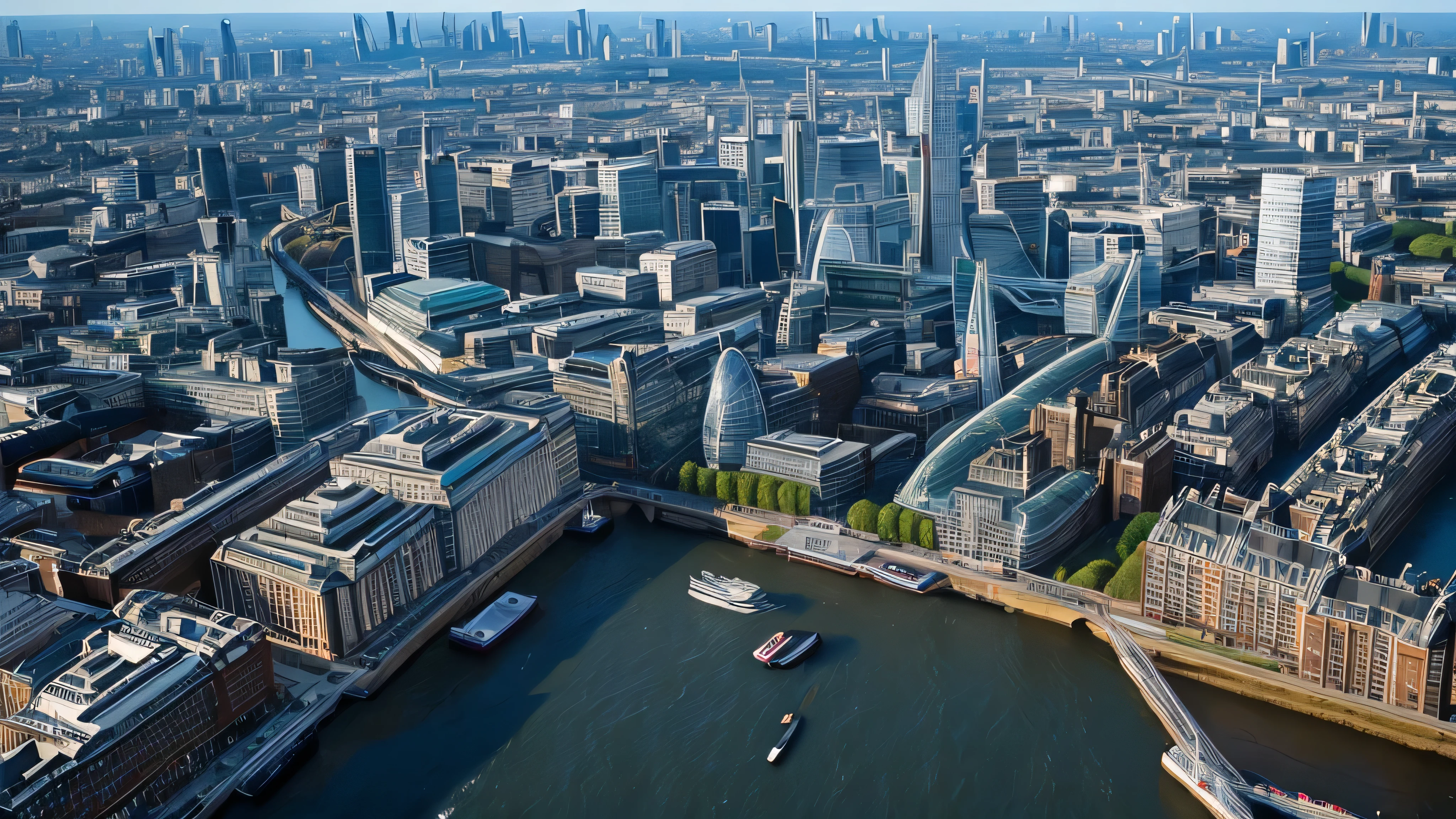 London cityscape in the morning，Shoot from a high angle with an ultra-wide angle lens，Beautiful scenery，stunning scenery，movie style，Fisheye lenses，Aerial view