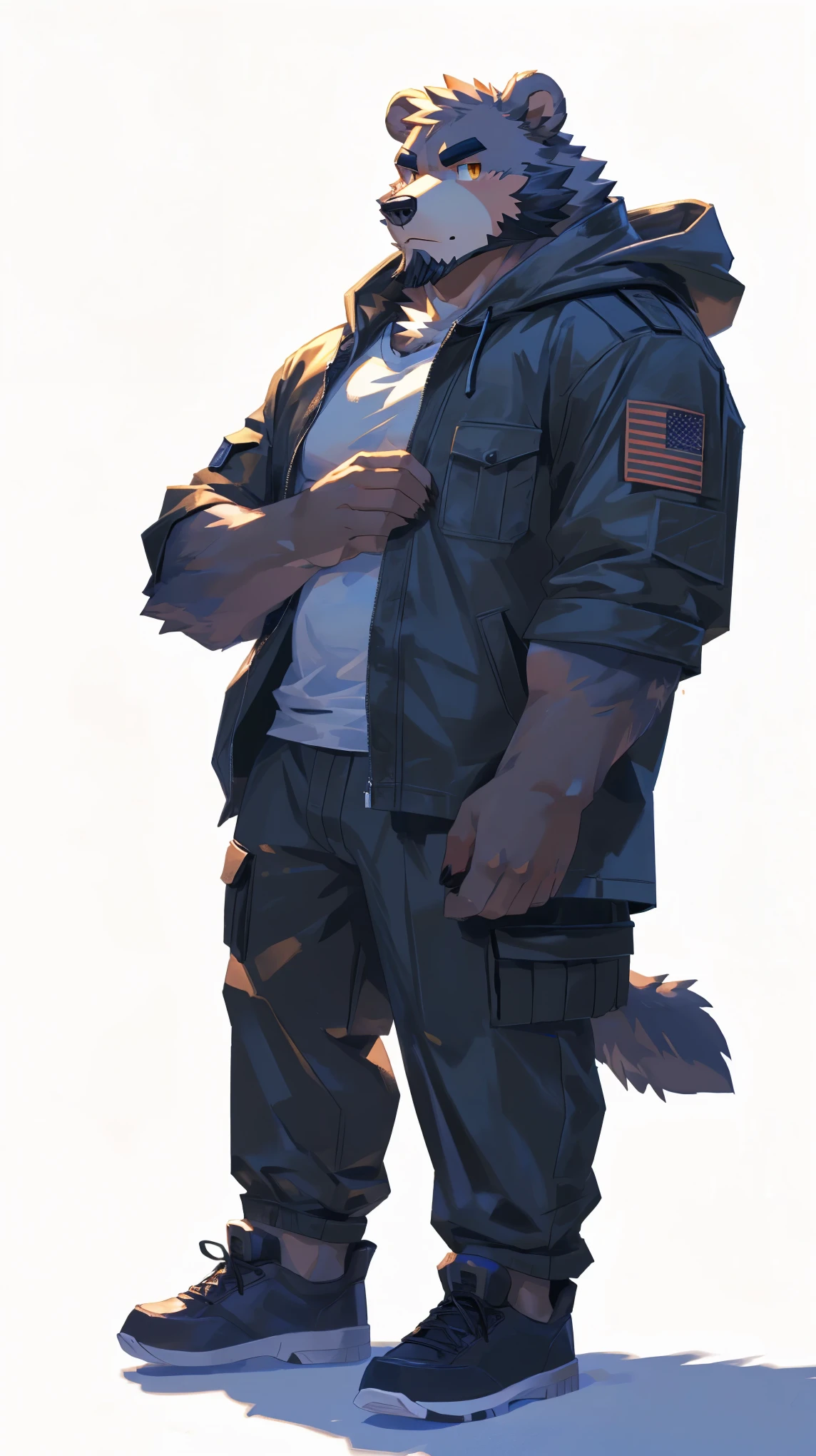 (masterpiece:1.2), best quality,pixiv,official art,perfect anatomy, (Ray tracing, light),solo, (1_male:1.3) , (muscle), (grey fur:1.4), (muscle bear), (beard:1.2), (gleaming golden eyes), bear tail, Thick black eyebrows,(open hooded parka), (shirt inside), jeans, (cargo pants:1.2), black shoes, (pure white background: 1.3)