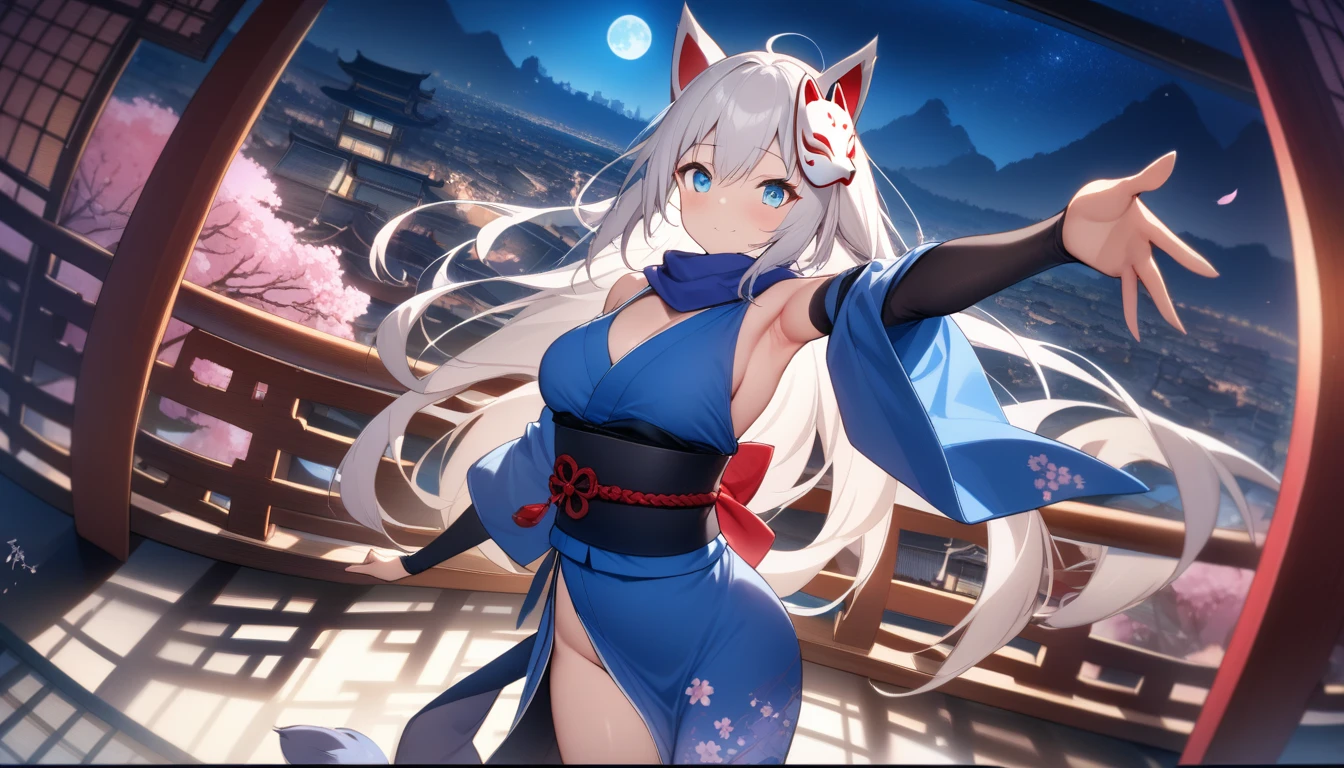 Exposed armpits and chest、A magnificent view of the city from the treetops、(masterpiece, best quality:1.2), 1girl, 独奏,Wolf girl, fox mask, ninja, girl, long white hair, odd eyes, blue kimono, ninja girl, red and blue scarf,Dancing Cherry Blossoms,Full moon backlighting, light coming in, fantastic atmosphere.night、Shadows of light and darkness、Eyes glowing in the dark、Black fox mask、Fisheye Lens、Expansive starry sky、long hair that spreads、Overlooking the city from atop a large cherry tree、Aside exposure、A Chinese umbrella with a cherry blossom pattern