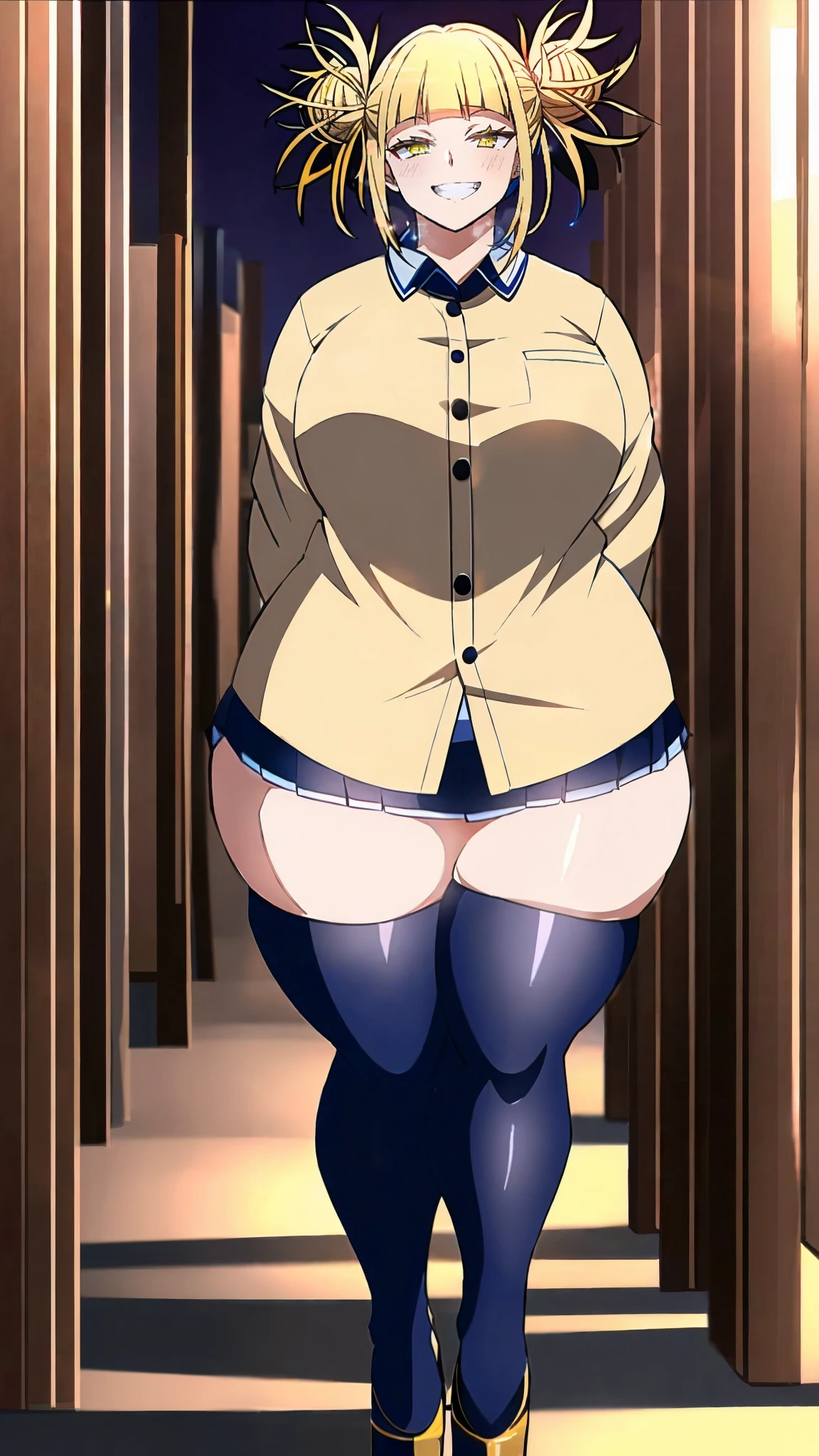 Himiko_toga, (masterpiece, highest quality,perfect lighting), 1 girl, alone, grin, portrait, , thick thighs, round chest, high heels, Buttons fly off the shirt, Are standing, put your hands behind your back