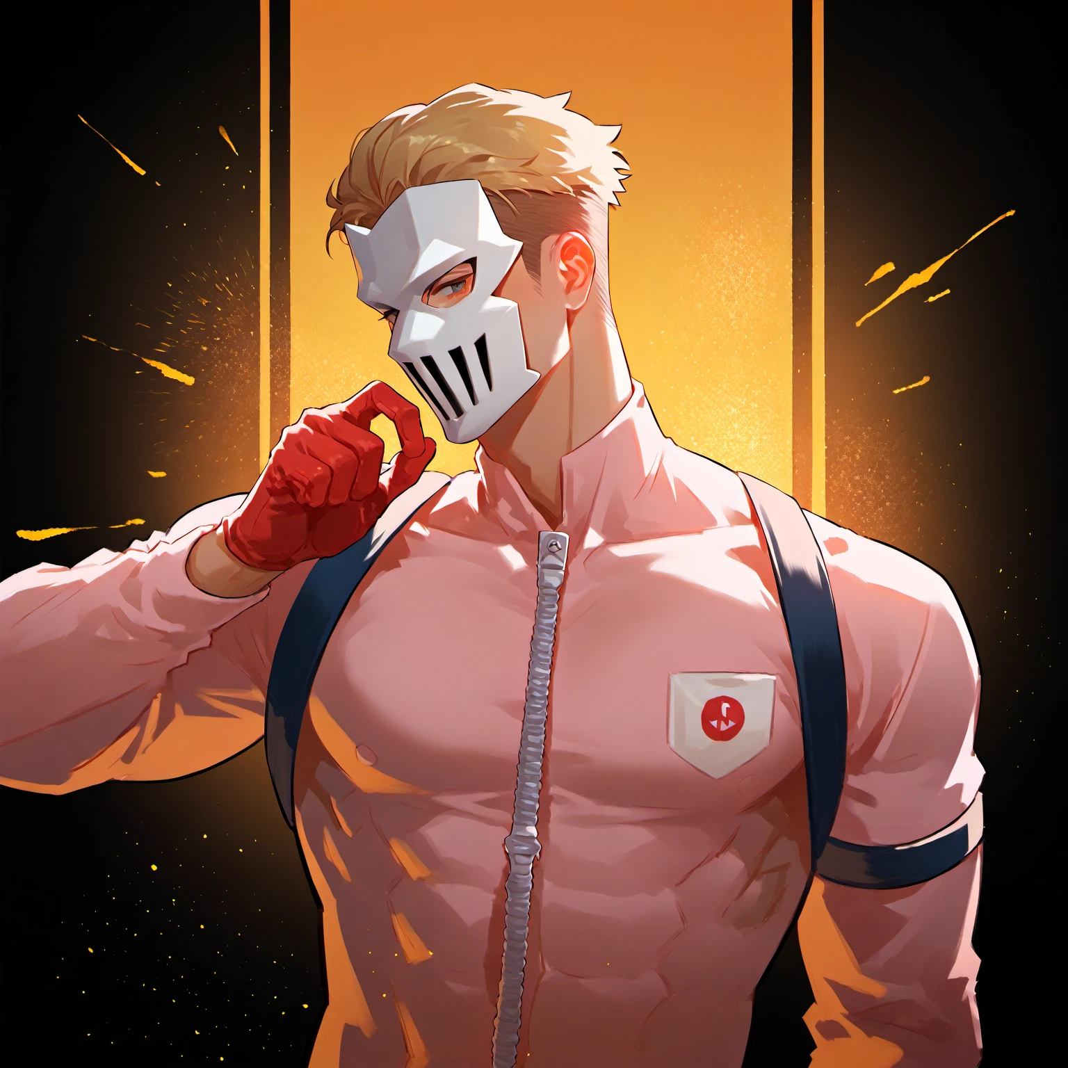 score_9, score_8_up, score_7_up, score_6_up, rating explicit, focus male, source anime, score_9, score_8_up, score_7_up BREAK source_anime, 1boy, man, muscular, EPalicebodysuit, wearing EPalicebodysuit, pink bodysuit, shrug \(clothing\), breast pocket, elbow strap, shoulder strap, multicolored gloves, sleeves past wrists, mask