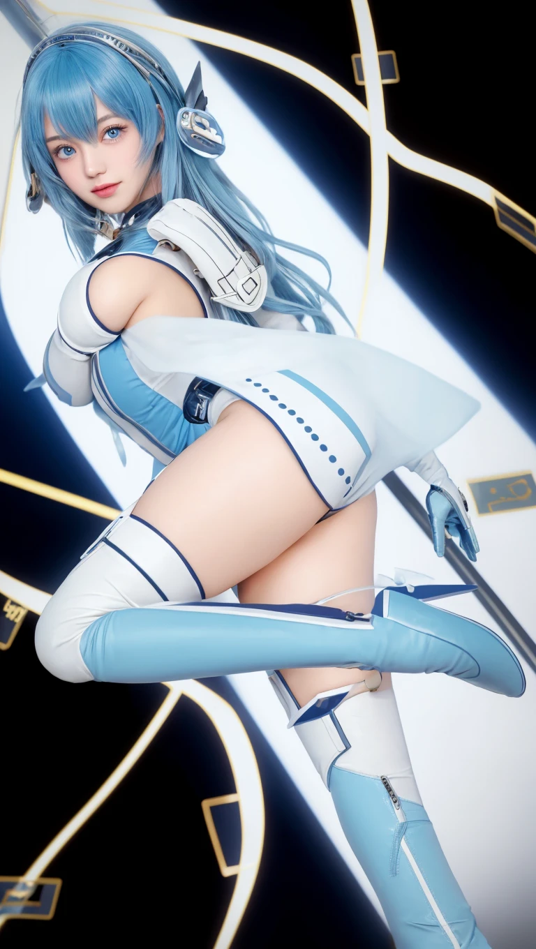 woman with perfect body, Bunny The First Descendant Ultimate Skin, dressed in a Maio Fri and glued to the body with white colors, black and chrome details with legs showing, full body front, with eyes and mouth appearing