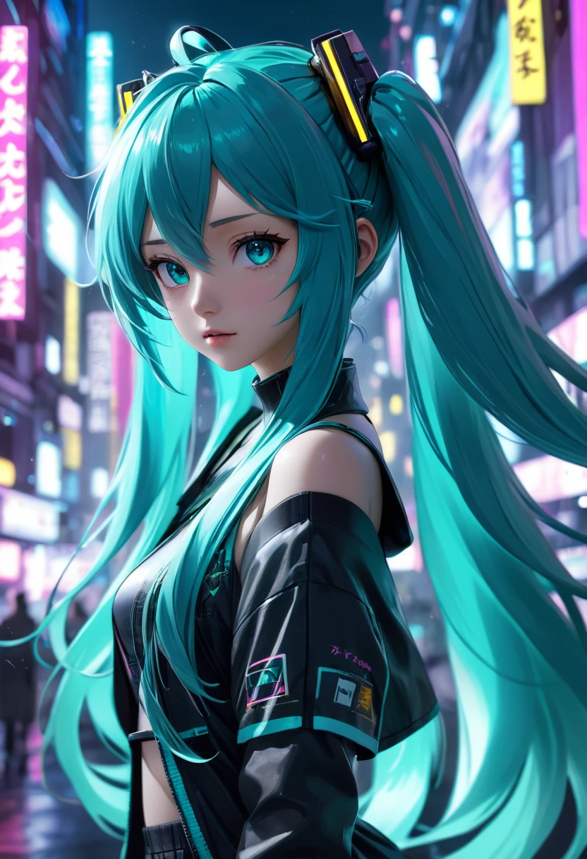 1girl, hatsune miku, black tape project, dutch angle, detailed hair, detailed facial features, detailed eyes, detailed lips, intricate hairstyle, long flowing hair, cyberpunk, neon lights, glowing neon, dark futuristic city, moody lighting, cinematic composition, dynamic camera angle, high contrast, vivid colors, (best quality,4k,8k,highres,masterpiece:1.2),ultra-detailed,(realistic,photorealistic,photo-realistic:1.37) , NSFW.