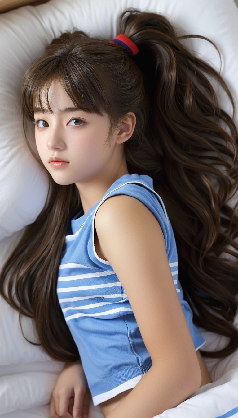 bedroom,16 yo,beautiful girl,high school student,long ponytail,curly hair,dark brown hair,wearing , short socks, she is lying on her side and asleep in bed, Best Quality, 32k, photorealistic, ultra-detailed, finely detailed, high resolution, perfect dynamic composition, beautiful detailed eyes, sharp-focus, top view shot