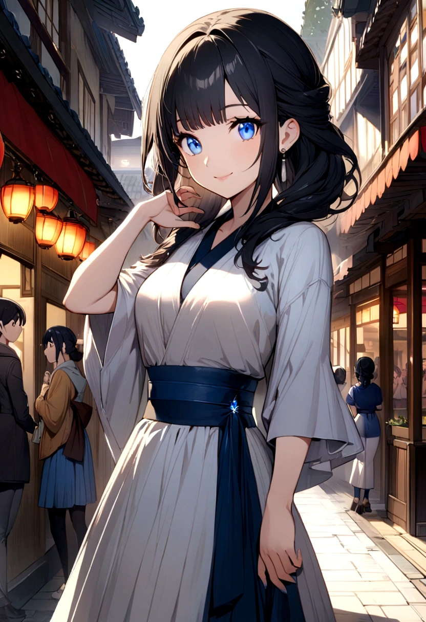 anime girl, beautiful, classical japanese beauty, very light skin tone, long black hair, blue eyes that shine like sapphires, Casual clothes, SMILE, outstanding figure who embodies the ideal of every woman in the world