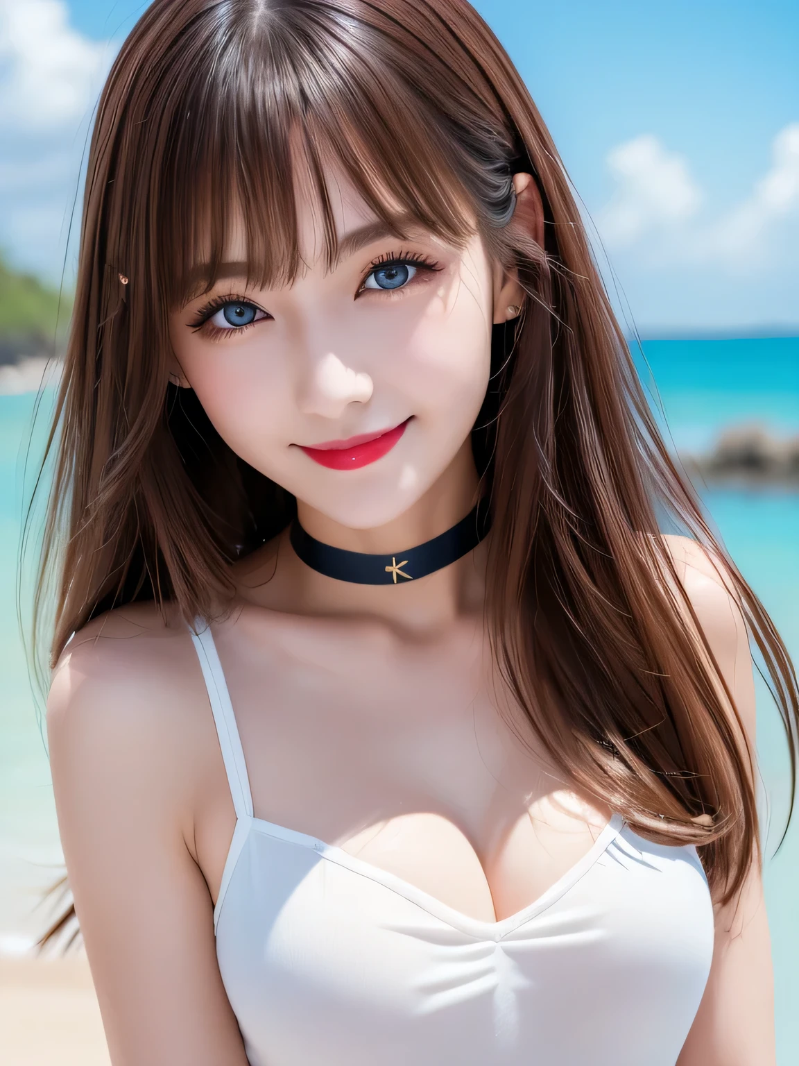 (Highest quality, 8K, Tabletop, Ultra HD: 1.3),Japanese、White  top, 20-year-old、Bans、smile, Black choker, Blue Eyes, Red lipstick, Very long eyelashes,  family, noble, bangs, Straight long hair with brown hair, Sandy Beach, Resort Beach, Cowboy Shot