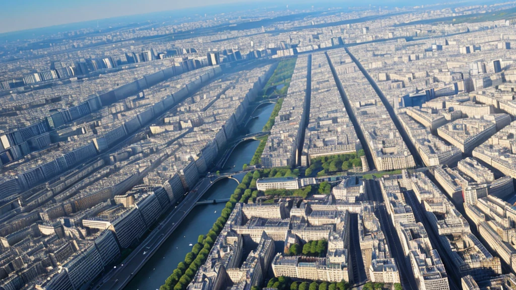 Paris cityscape in the morning，Shoot from a high angle with an ultra-wide angle lens，Beautiful scenery，stunning scenery，movie style，Fisheye lenses，Aerial view