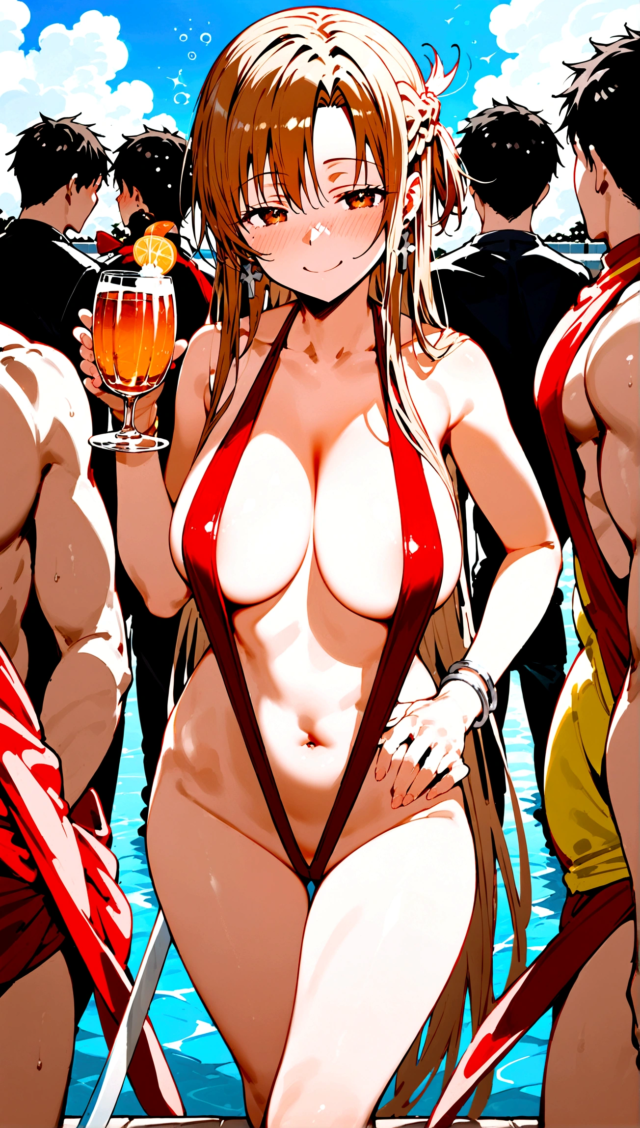 score_9,score_8_up,score_7_up,18 year old,1girl,asuna \(sao-alo\), sword art online,yuuki asuna,nsfw,brown eyes, brown hair, long hair, bangs, braid,standing,legs up,hand on hip, holding cup,drunk-seductive-smile,blush,large breasts,brown hair,parted hair,long hair,red Slingshot swimsuit,plunging neckline,center opening,cleavage,navel,earrings,bracelet,pool-party ,multiple-people,surrounding by 5 boys(strong men),