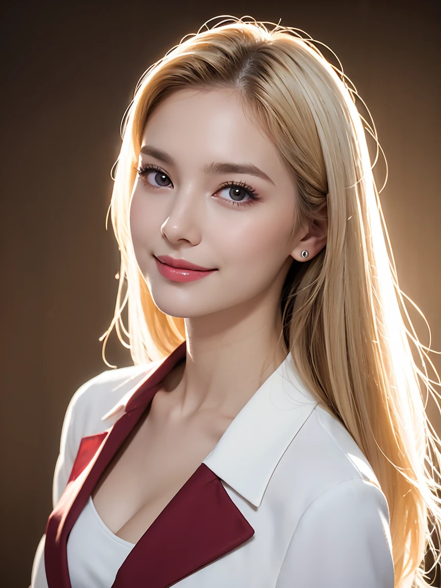 Western European woman, Age 30-40 years old, average woman, seeing collarbones, blonde hair, big breast, professional look, wearing formal attire, color maroon red blazer, color white inner shirts, smiling on the camera, decent looks, angel face, extreme close up shoot, perfect lighting, indoor studio, white background, photo studio, Photography, professional photography, photo studio, stock image.