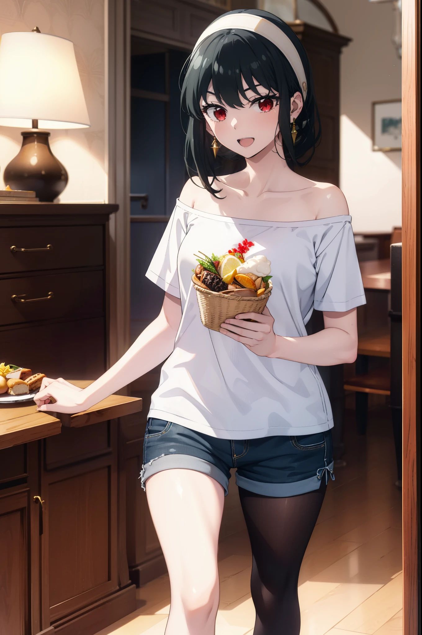 Yorbraia, Yor Briar, Black Hair, (Red eyes:1.5), Earrings, gold hair band, hair band, Long Hair, (Medium chest:1.2), happy smile, smile, Open your mouth,Oversized one-shoulder t-shirt,Shorts,Black pantyhose,short boots,,whole bodyがイラストに入るように,Walking,food, drink, Tables and chairs,tray, tray in one hand
break indoors,room,living,
break looking at viewer, whole body,
break (masterpiece:1.2), Highest quality, High resolution, unity 8k wallpaper, (figure:0.8), (Beautiful attention to detail:1.6), Highly detailed face, Perfect lighting, Highly detailed CG, (Perfect hands, Perfect Anatomy),