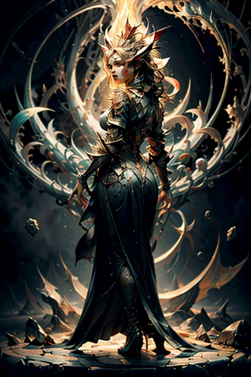 hyper realistic, 8k, award winning digital art, dark fantasy, dramatic lighting, full body shot, facing away, wide angle, back view, deep shadows, a vampiric goddess and her victim, extremely detailed skin, perfect blonde wavy hair, (A vampire goddess is hypnotizing her victim with hand gestures), (she is using her supernatural powers to psychically draw her victim's blood out of its body), hemokinesis, (there are lots of blood lines floating around the environment, flowing towards the vampire goddess's hand), she is wearing very intricate clothes with detailed patterns and glass textures, the sensuality she exudes is hard to resist, the scene unfolds in a dungeon dimly illuminated by a red glow, dark magic ritual, forbidden sorcery, pale blue and olive hues, mystical energy, dramatic lighting, chiaroscuro, moody atmosphere, cinematic composition, Yoshitaka Amano style