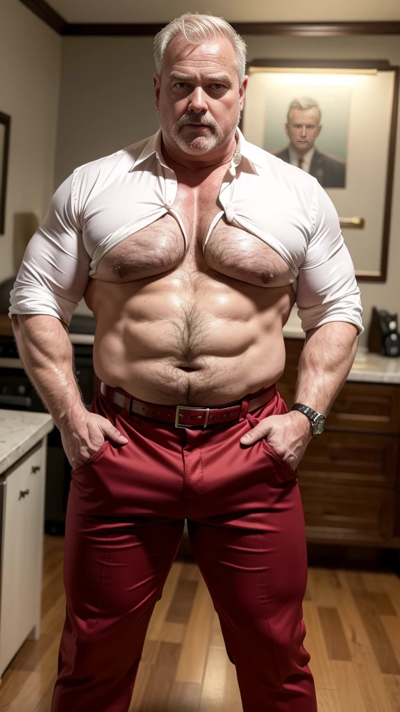 (best quality,4k,8k,highres,masterpiece:1.2), age 60, white man sheriff ,  disgusting, muscular chubby, kind, opened red silk shirt , mature daddy, Dress Pants with big bulge, hairy chest hard , belt, loafer,