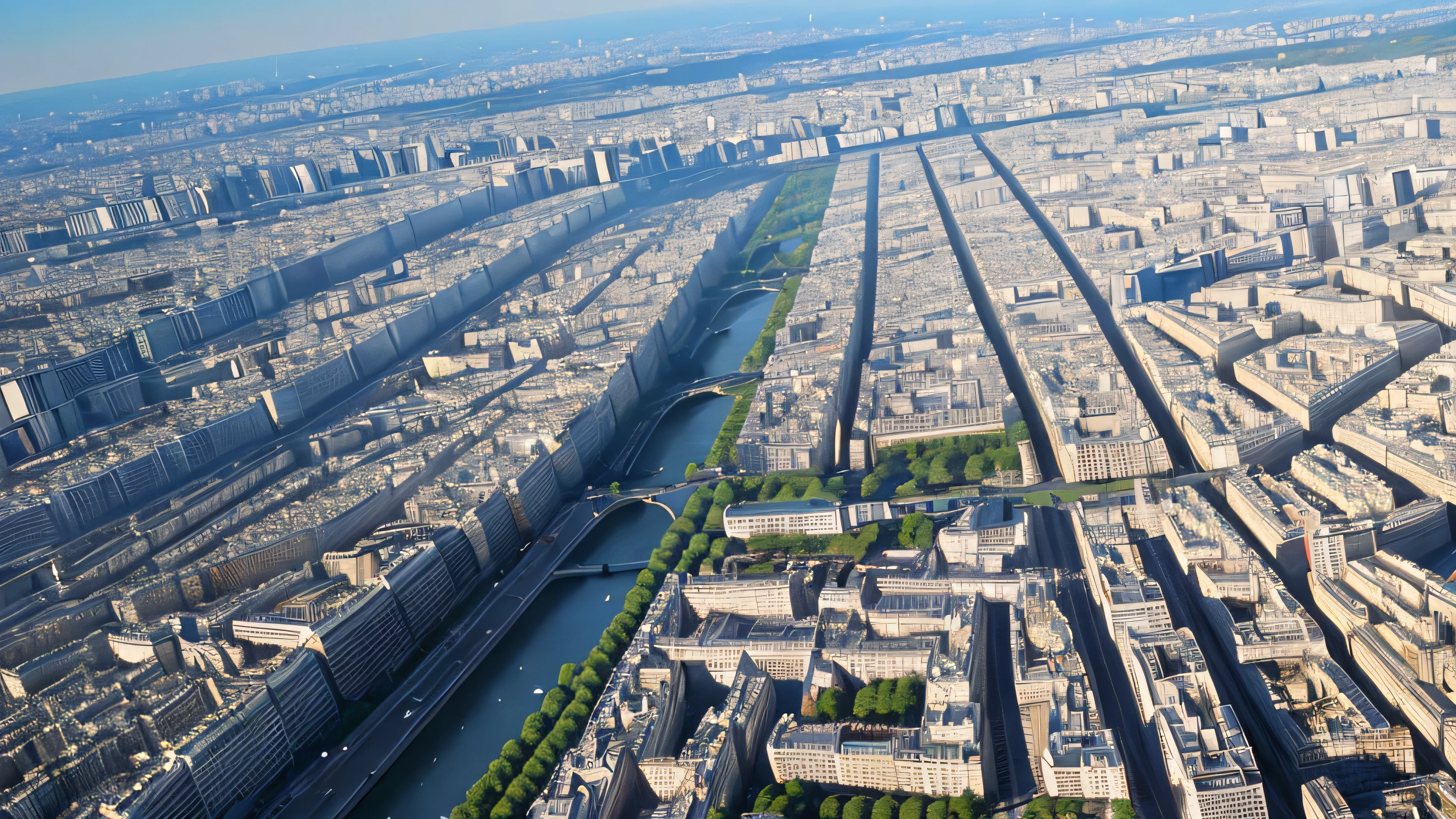 Paris cityscape in the morning，Shoot from a high angle with an ultra-wide angle lens，Beautiful scenery，stunning scenery，movie style，Fisheye lenses，Aerial view