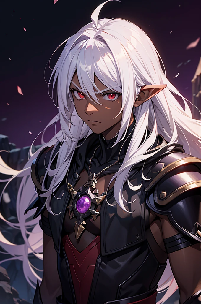 masterpiece, best quality, ultra high res, 1boy, (mix between dungeonpunk and steampunk armor), (wearing armor)fantasy illustration, dark skinned, human, upper body, portrait, red eyes, long white hair, Xemnas from Kingdom Hearts, half-drow, pointy ears, serious face, young man, dramatic lighting, purple hue, art by Kinema Citrus and Tetsuya Nomura