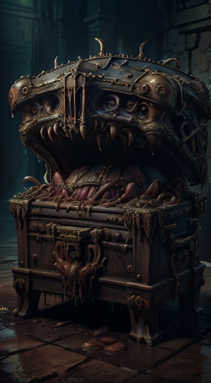 wet, dripping, monstrous mouth, (Masterpiece:1.3) (best quality:1.2) (high quality:1.1), a mimic as a treasure chests to capture humans. Mimicry. Mimic