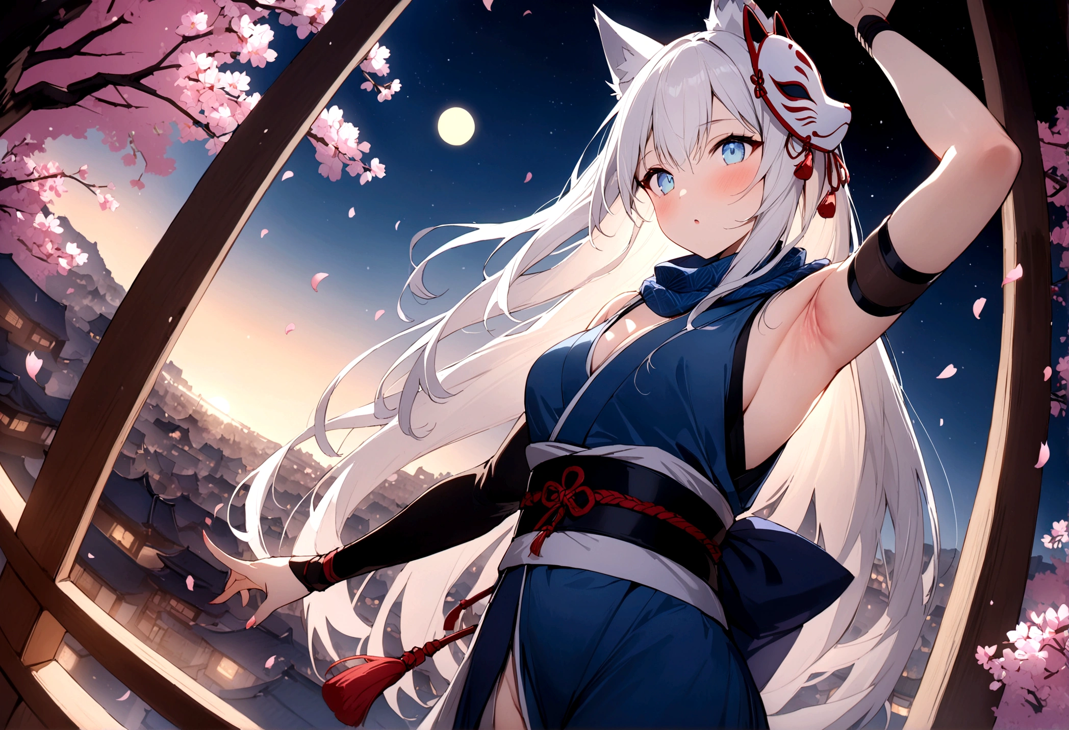 Exposed armpits and chest、Climbing a cherry tree、(masterpiece, best quality:1.2), 1girl, 独奏,Wolf girl, fox mask, ninja, girl, long white hair, odd eyes, blue kimono, ninja girl, red and blue scarf,Dancing Cherry Blossoms,Full moon backlighting, light coming in, fantastic atmosphere.night、Shadows of light and darkness、Eyes glowing in the dark、Black fox mask、Fisheye Lens、Expansive starry sky、long hair that spreads、Overlooking the city from atop a large cherry tree、Aside exposure、Black fox mask