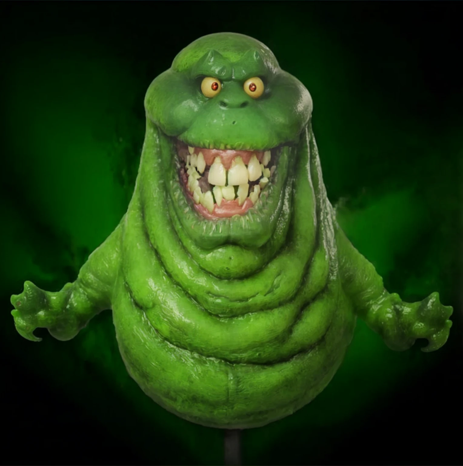 a close up of a green creature with a big smile on its face, thinner, gelatinous texture,ghostbusters character, slime monster,