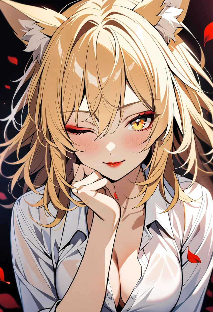 1woman, 30 years old,solo, medium hair,disheveled hair,messy hair,fox ears,blonde hair, yellow eyes, upper body, white shirt, red lipstick, breasts, looking at viewer, seductive smile, one eye closed, hand on own chin , petals, masterpiece, best quality