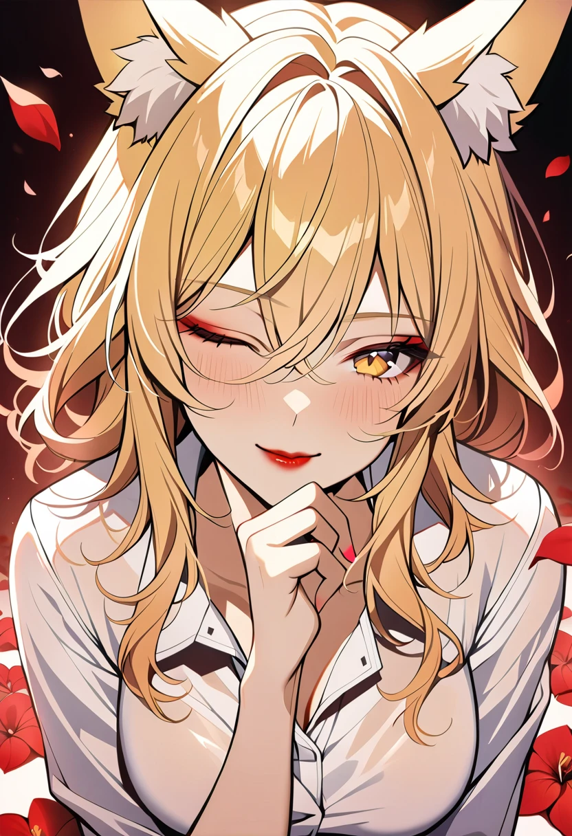 1woman, 30 years old,solo, medium hair,disheveled hair,messy hair,fox ears,blonde hair, yellow eyes, upper body, white shirt, red lipstick, breasts, looking at viewer, seductive smile, one eye closed, hand on own chin , petals, masterpiece, best quality