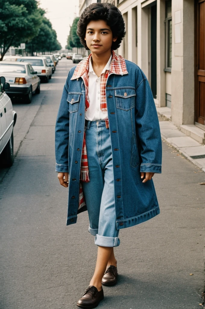 A person who is from the 80's era, that has the clothes of that time and the footwear of that time. Is a man, ROBERTO 50 years, high, slim physical build but with a prominent belly, dark brown hair, tez blanca, well trimmed mustache, dark brown eyes. Grey suit, White shirt, Red tie