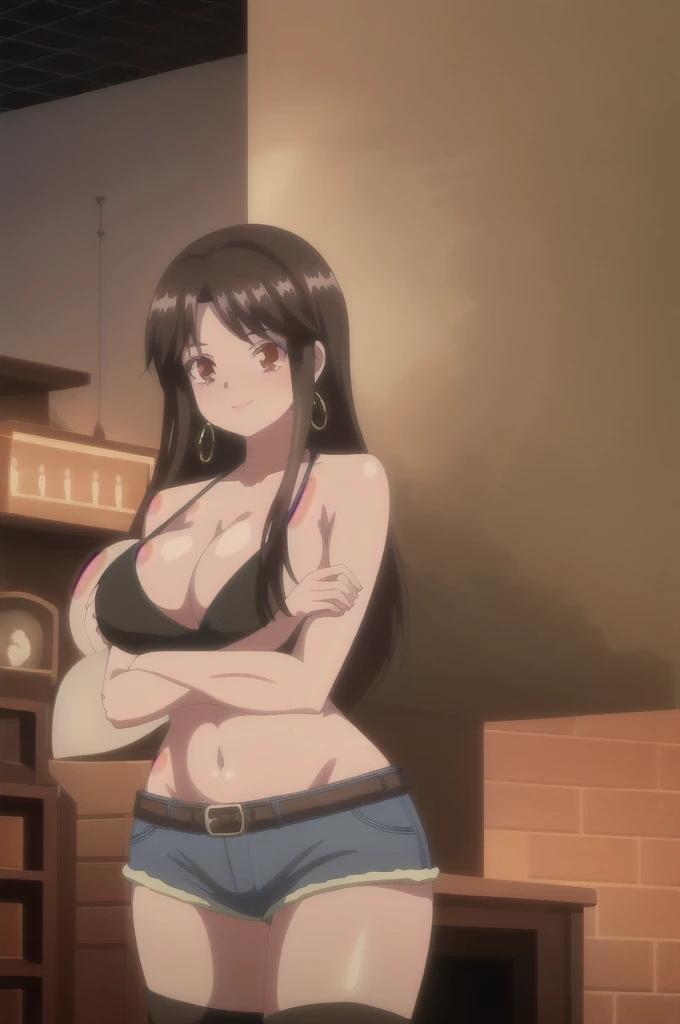 ((masterpiece)),(Highest quality),Official Art,Highly detailed CG,unity 8k wallpaper,Super detailed,Lighthouse on top of a cliff by the sea,One girl,alone,Cowboy Shot,Cleavage,Long Hair,Denim shorts,Brown Hair,jewelry, shoulders,View your viewers,Hoop Earrings,belly button,Red eyes,Brown eyes,Black Midriff,Large Breasts,Black Hair,Knee-high boots,Lace top stockings