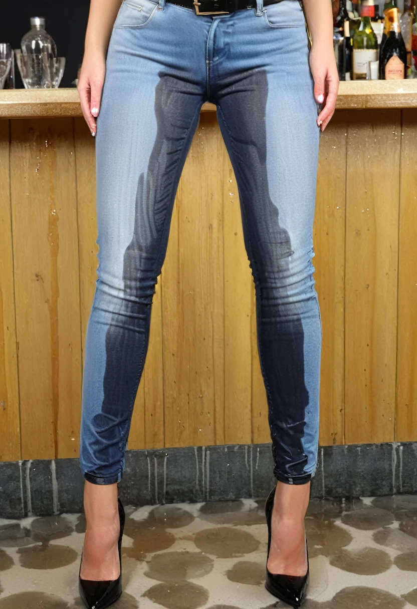 (same character same clothing pants are wetter in every image), attractive women, blonde wearing black skinny jeans, black belt, black suede high heel pumps, white blouse, standing in a crowded bar, wetting, big smile, pee stains are gleaming wet, bright lighting, ((pee stain bulges out onto hips)), ((pee stain flows along wrinkles in jeans)), jeans completely soaked below the knees