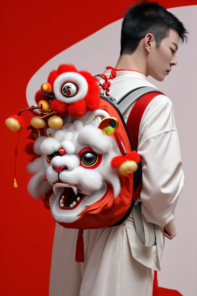 A backpack pendant,The pendant is in the shape of a Chinese lion dance,The overall color is red,background color is white